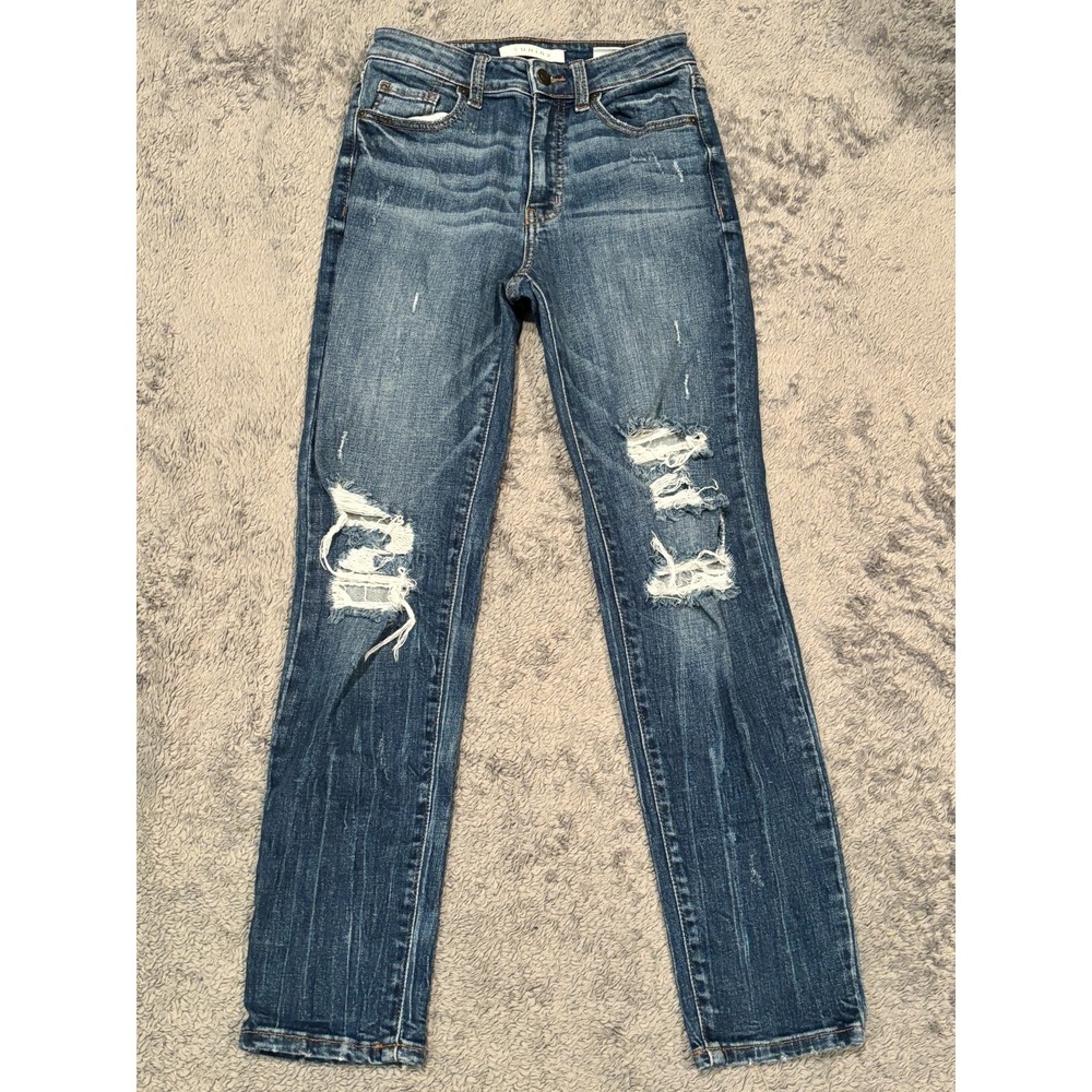 Eunina Tobi Womens Size 0 Super High Rise Mom Jeans Ankle Distressed Light Wash